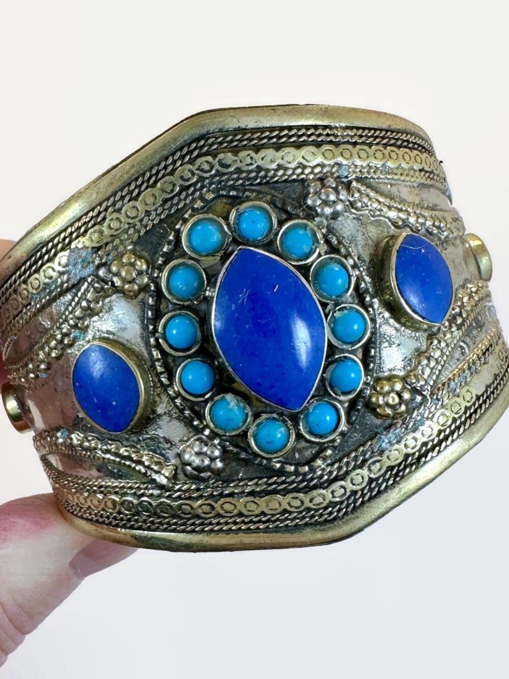Vintage Lapis Lazuli Cuff Bracelet, Turquoise Accents, Mixed Metal Tribal